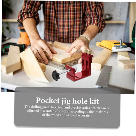 Pocket Hole Jig For Woodworking With Quick Clamp And Drilling Locator Guide Rail on a carpentry workshop table