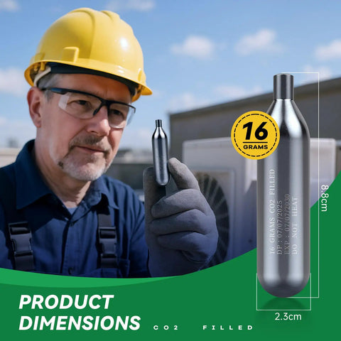 No Sweat AC Drain Line Cleaner Kit Packed With Six Unthreaded CO2 Cartridges And A Flexible Hose To Quickly Clear Tough HVAC Condensate Blockages Pure DIY Magic with 16-gram CO2 cartridge.