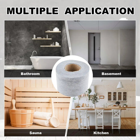 Heavy Duty Waterproof Membrane Roll For Showers And Saunas With Solid PE Fabric Underlayment Coating showcased in bathroom, sauna, kitchen, basement.