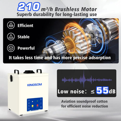 Image of 100W Solder Fume Extractor with HEPA H13 filter and 210 m³/h brushless motor, highlighting low noise and efficient design