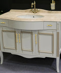 White vanity cabinet with Brushed Gold Cabinet Pulls 7.5 Inch Hole Center Zinc Alloy Heavy Duty Drawer Handles 6 Pack