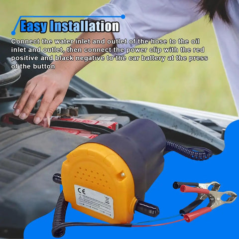 No Sweat Oil Change Pump Extractor With Hose Straight Up 12V Fluid Transfer and Scavenge Suction Changer with battery clips in use.