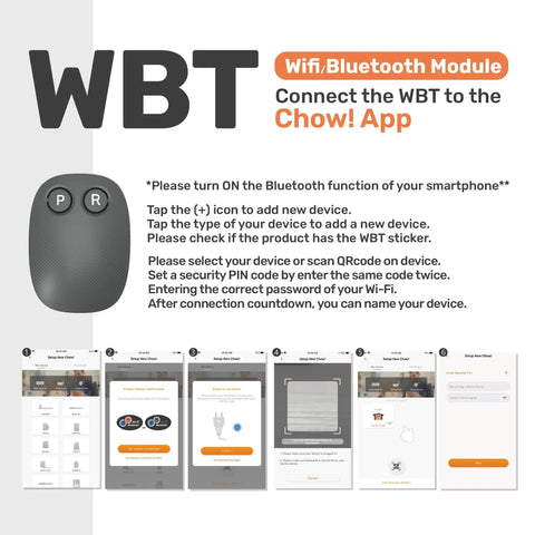 Wifi/Bluetooth Module instructions for connecting to Chow! App with step-by-step guide and device setup visuals.