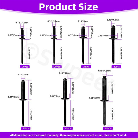 Image displaying 130Pcs 7 Sizes Black Large Flange Aluminum Blind Rivets Kit For Metal, Furniture And Automotive Projects with size details.