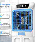 Heavy Duty Commercial Grade Jumbo Windowless Evaporative Air Cooler With Eight Ice Packs Ninety Degree Swivel Oscillation Three Speed Swamp Cooler showing control panel with three wind speeds.