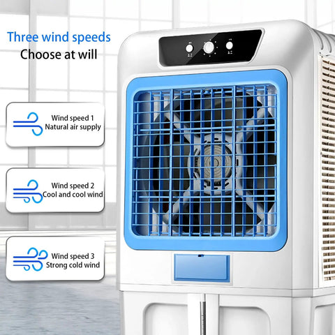 Heavy Duty Commercial Grade Jumbo Windowless Evaporative Air Cooler With Eight Ice Packs Ninety Degree Swivel Oscillation Three Speed Swamp Cooler showing control panel with three wind speeds.