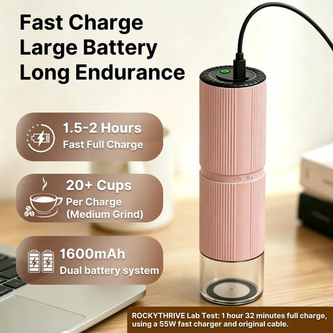 Portable Electric Coffee Grinder With Thirty Plus Burr Settings And Seven Precision Blades For Quick Even Grinds. Fast charging, 1600mAh battery.