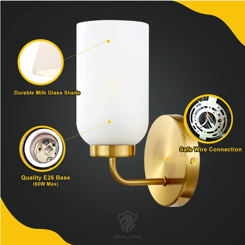 Gold Brushed Brass Wall Sconce Set of 2, Dope Modern Industrial Hardwired Lighting with Frosted Glass Shades for Living Room and Powder Room, UL Listed, 2 Light Wall Lamps showing side view with milk glass shade and brass finish.