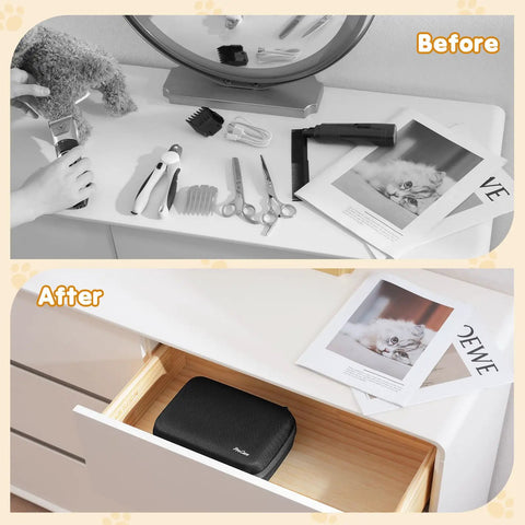Before and after organizer with Hard Pet Grooming Tool Case Travel Organizer For Dog And Cat Kits in a drawer, black EVA case visible.