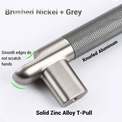 Close-up of knurled cabinet pulls three and three quarters inch center to center five pack in grey and brushed nickel, zinc alloy handle.