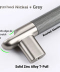 Close-up of brushed nickel and grey knurled aluminum T-pull from the Ten Pack Six And A Quarter Inch Center To Center Drawer Pulls