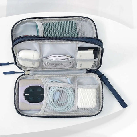 Portable Double Layer Electronic Organizer Travel Case Water Resistant with tech gadgets inside for cable management