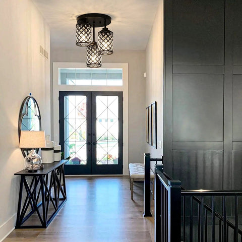 Black Crystal Chandelier Three Light Semi Flush Mount Ceiling Fixture With Metal Grid Shade in modern entryway