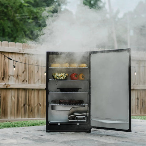 Digital Electric Vertical BBQ Smoker With Patented Side Wood Chip Loader And Chrome Racks 710 Square Inches Model MB20071117