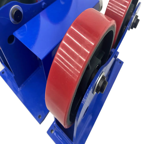 Heavy Duty Rotary Welding Positioner Tank Turner With 2200 Lb Load Capacity, featuring red rollers and blue metal frame for pipe support.