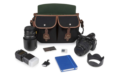 Hadley Pro 2020 Camera Bag With Removable Padded Insert in black canvas, tan leather, shown open with various camera gear.