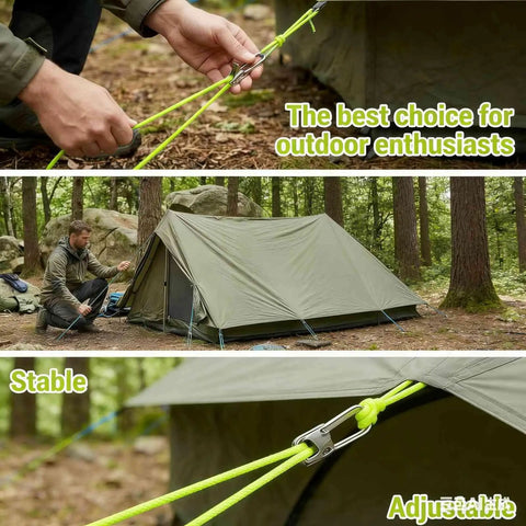 Ultra Lightweight Rope Tightening Tool With Roller Cam Four Pack For Camping And Boating Grab And Go No Knots Needed Locks Rope Instantly Ultra Compact Tensioner For Tarps Outdoor Gear Hiking And Emergency Fixes used to secure a tent in a forest setting.