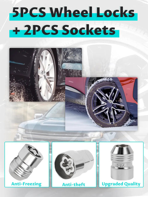 Secure Your Rig With This Badass Set Of Five Wheel Lock Nuts Designed For Real Tough Use Featuring 1 2 20 Thread Size 60 Degree Cone Seat 1.27 Inch Length And Anti Theft Protection For Trucks And Trailers, showing 5 wheel locks and 2 sockets.