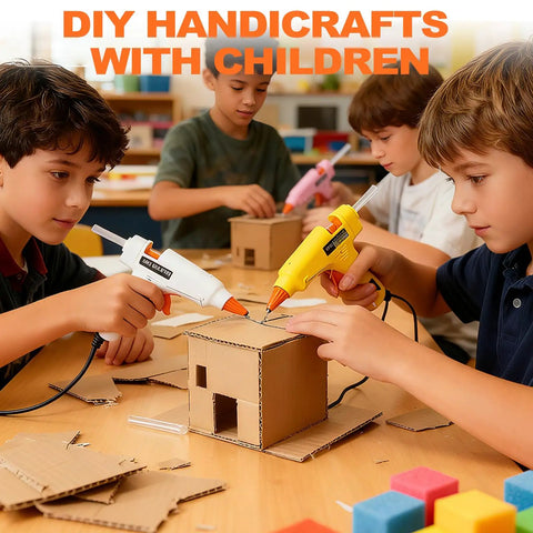 Children using Five Color Mini Hot Glue Gun Kit With Storage Box, 10 Pack With 50 Clear Glue Sticks for cardboard craft project.