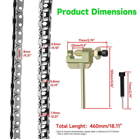 Product dimensions of T8F 116 Link Drive Chain for 50cc Dirt Bikes and Pocket Rocket Pit Bikes with chain breaker included