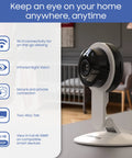 Indoor Security Camera With Night Vision And 1080P HD, WiFi Home Surveillance For Baby And Pets on table, features listed