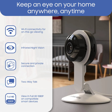 Indoor Security Camera With Night Vision And 1080P HD, WiFi Home Surveillance For Baby And Pets on table, features listed