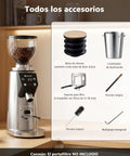 Heavy Duty 64mm Flat Burr Coffee Grinder With 100 Precision Settings For Electric Espresso Beans Single Dose Anti Static Shell All Metal Stainless Steel Chassis Ultra Quiet Gear engineered for home baristas showing accessories.