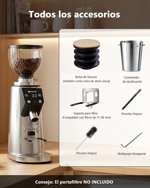 Heavy Duty 64mm Flat Burr Coffee Grinder With 100 Precision Settings For Electric Espresso Beans Single Dose Anti Static Shell All Metal Stainless Steel Chassis Ultra Quiet Gear engineered for home baristas showing accessories.