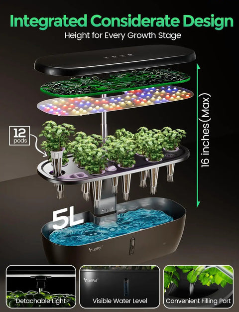 No Soil Indoor Hydroponics Growing System With 12-Pod Herb Garden Kit, 24W Full Spectrum LED Grow Light, 5.5L Water Tank, 16-Inch Adjustable Height, Smart Indoor Garden For Herbs, Kitchen And Home Gift