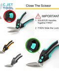 C.JET TOOL 10-inch heavy-duty scissors; 3-color variants with teal, orange, gray soft-grip handles for carpet/cardboard