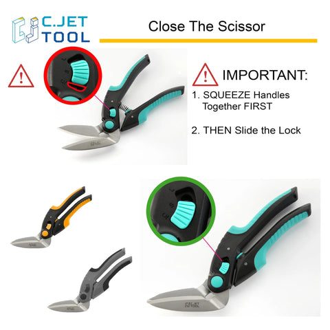 C.JET TOOL 10-inch heavy-duty scissors; 3-color variants with teal, orange, gray soft-grip handles for carpet/cardboard