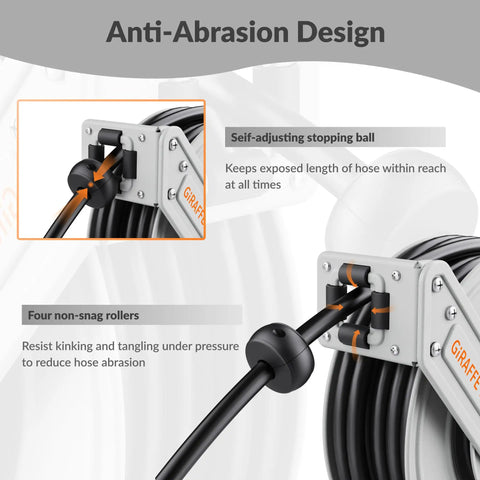 Close-up of 65ft Pressure Washer Hose Reel with auto retract, showing anti-abrasion design with self-adjusting stop and non-snag rollers.