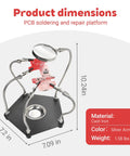 Soldering Station Kit With Helping Hands, 4 Adjustable Arms, Magnifying Glass, Cast Iron Base, Dimensions Displayed