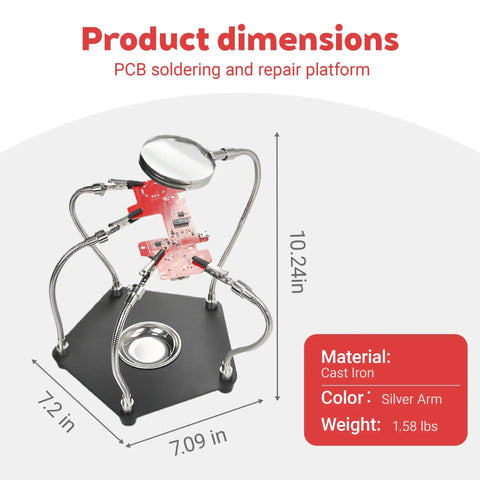 Soldering Station Kit With Helping Hands, 4 Adjustable Arms, Magnifying Glass, Cast Iron Base, Dimensions Displayed