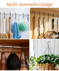 Various uses of the 18 Pack 4 Inch Heavy Duty S Hooks For Oval Ceiling Pot Rack And Kitchen Organization, holding items.