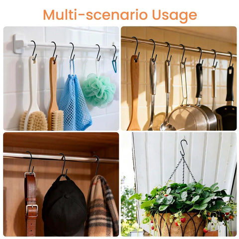 Various uses of the 18 Pack 4 Inch Heavy Duty S Hooks For Oval Ceiling Pot Rack And Kitchen Organization, holding items.