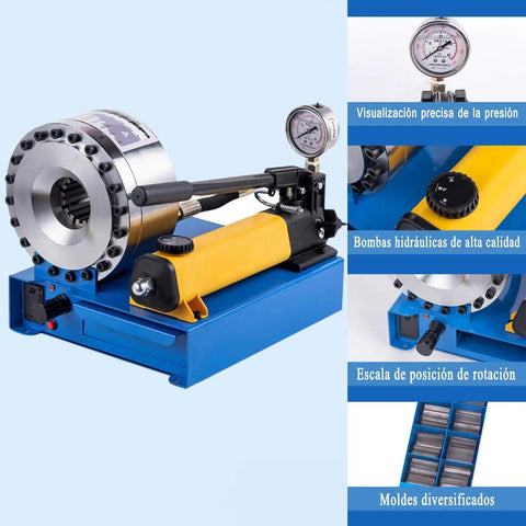 Heavy Duty Hydraulic Hose Crimping Tool With 8 Die Sets For 6 To 28mm Hose And One Quarter Inch Hydraulic Cables Single And Double Braided Crimper 1000 Tons Capacity Wide Crimp Range Durable Pro Grade, showcasing crimping mechanism and gauge.