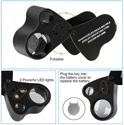 Two Pack Jewelers Loupe With Light 30X 60X 90X Triple Magnification For Coin Diamonds Gems Jewelry And Stamps Includes Spare Batteries