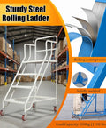 Rock Solid Rolling Warehouse Ladder With Spacious Work Platform And Slick Glide Casters Portable Industrial Step Stool For Adults in a warehouse setting.