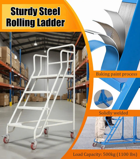 Rock Solid Rolling Warehouse Ladder With Spacious Work Platform And Slick Glide Casters Portable Industrial Step Stool For Adults in a warehouse setting.