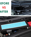 Before and after installation of 2 Pack HEPA Air Filter Replacement Kit For Model 3 Tesla Cabin Filter Set With Protector Cover