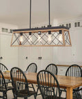 Farmhouse Chandelier With Five Lights For Kitchen Island Lighting Rustic White Wood Finish Dining Room Pendant Light Adjustable Height Distressed Style With Farmhouse Chic Vibe Over Pool Table in dining room setting.