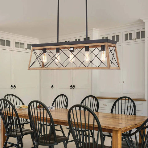 Farmhouse Chandelier With Five Lights For Kitchen Island Lighting Rustic White Wood Finish Dining Room Pendant Light Adjustable Height Distressed Style With Farmhouse Chic Vibe Over Pool Table in dining room setting.