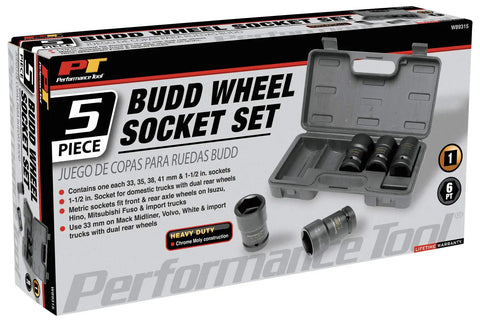 Five Piece 1 Inch Drive Budd Wheel Socket Set Metric And SAE Includes 33 Mm 35 Mm 38 Mm 41 Mm And One And A Half Inch Sockets box