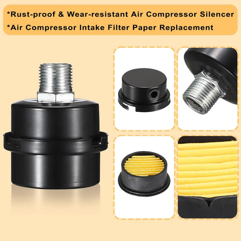 Air Compressor Silencer With Built In Filter And Intake Filter Replacement, one half inch PT twenty millimeter thread kit