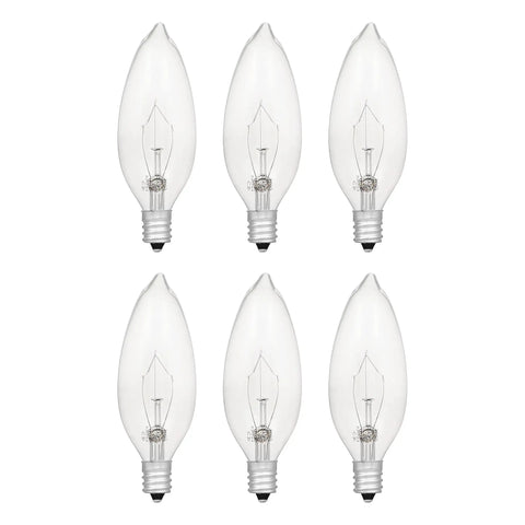 Long Lasting 25W B10 Candelabra Base Light Bulbs 175 Lumens 2850K Soft White Clear Glass 6 Pack arranged vertically