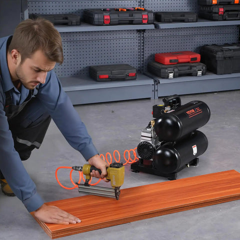 Heavy Duty Oil Free Air Compressor 4.6 Gallon Steel Tank 1 HP 120 Psi Max Ultra Quiet Portable Workhorse For Auto Repair Tire Inflation And Spray Painting That Delivers No Sweat Daily in use with a nail gun on wood.