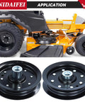 605512 Idler Pulley And 604219 Pulley Kit For Hustler 52 And 42 Inch Mowers under deck application and close-up view
