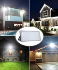 JUDYSSY 6 Pack Led Flood Light Outdoor illuminating homes at night, showcasing 300W 24000Lm lights with adjustable brackets.
