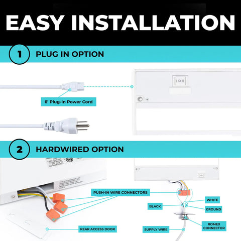 Installation diagram showing plug-in and hardwired options for Under Cabinet Lighting Kit Hardwired And Linkable For Kitchen Use 18 Inch White Finish 3CCT 2700K 3000K 4000K Dimmable Undercounter Lights Plug In Or Direct Wire.